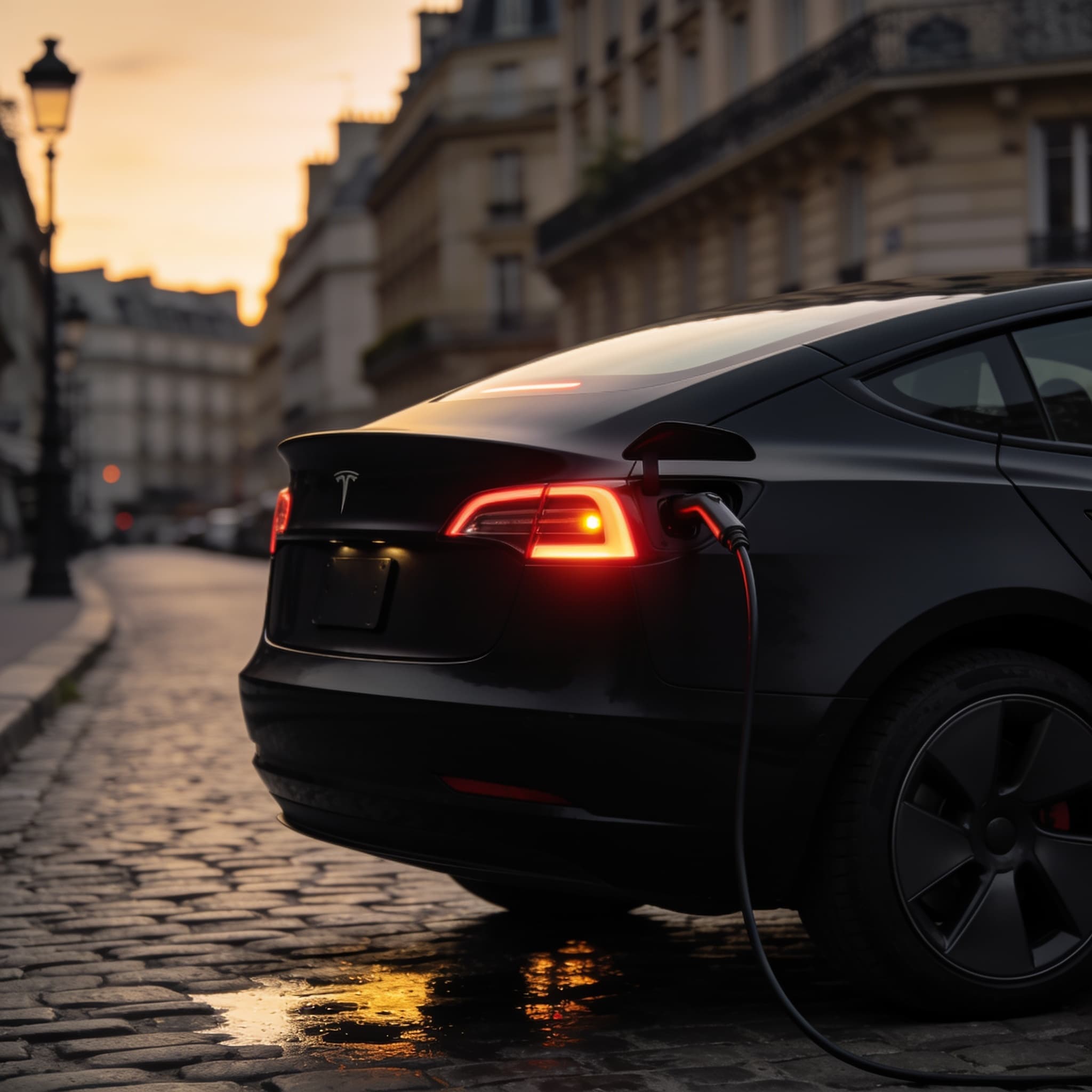 Tesla noire en recharge, vue arrière, dans une rue de Paris