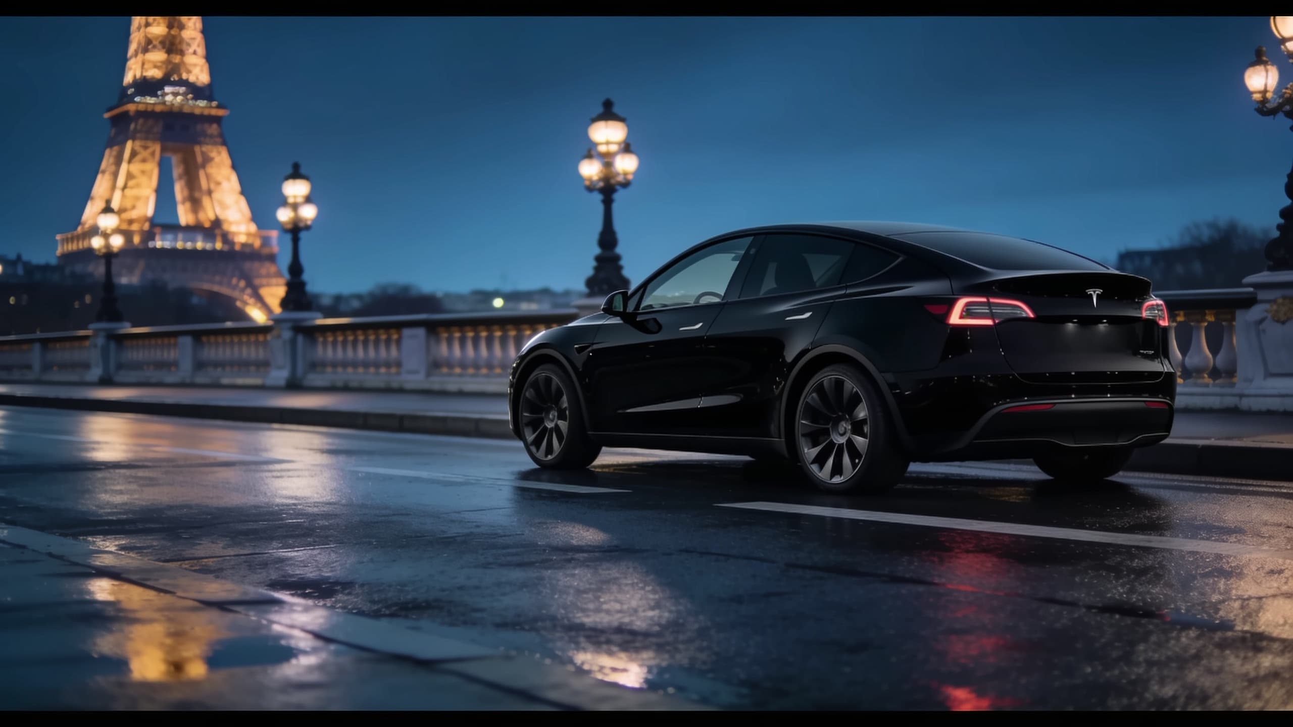 Tesla Model Y noire à Paris, tour Eiffel illuminée à l’heure bleue